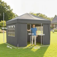 Outsunny Tonnelle de jardin pliante 3 x 3 x 2,75 m anti-UV 30 + avec fenêtres + parois latérales + sac de transport gris foncé(m-3)