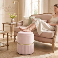 HOMCOM Pouf tabouret repose-pied coffre de rangement en velours côtelé 36 x 36 x 44 cm pour salon chambre rose(m-14)