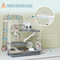 PawHut Jaula para Hámster con Túnel Plataformas Cuenco Bebedero Casita Rampas y Rueda de Ejercicio 45x30x45 cm Gris(m-8)