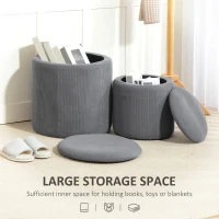 HOMCOM Set of Two Corduroy Storage Ottomans - Grey(m-5)