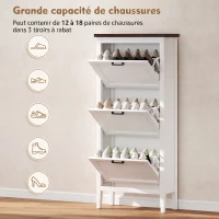 HOMCOM Meuble à chaussures 18 paires, armoire à chaussures étroite avec 3 tiroirs rabattables et étagères réglables, blanc(m-5)