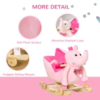 HOMCOM 2 In 1 Plush Baby Ride on Rocking Horse Elephant Rocker with Wheels Wooden Toy for Kids 32 Songs for 18+ Months (Pink)(m-7)