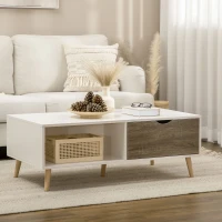 HOMCOM Coffee Table, Modern Tea Table with Open Storage Shelves, Two Drawers and Solid Wood Legs, Coffee Tables for Living Room, Bed Room, White(m-2)