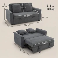 HOMCOM Canapé convertible 2 places, canapé-lit clic-clac en chenille, dossier réglable, 2 coussins, poche latérale, gris(m-3)