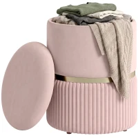 HOMCOM Pouf tabouret repose-pied coffre de rangement en velours côtelé 36 x 36 x 44 cm pour salon chambre rose(m-15)