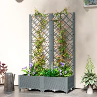 Outsunny Raised Garden Bed with Trellis, Plastic Planter Box with Drainage Holes, Drain Plugs and Water Reservoirs for Climbing Plants, Vegetables, Flowers, Grey(m-10)