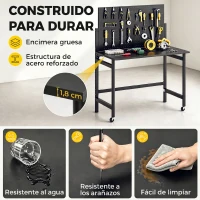 HOMCOM Banco de Trabajo con Tablero Perforado Mesa de Trabajo Plegable con Ruedas Marco de Acero Ganchos Negro(m-5)