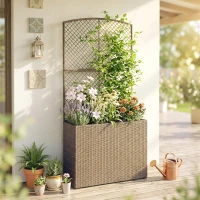 Outsunny Rattan Planter with Trellis, Raised Beds for Garden with Liner for Climbing Plants Vegetables Flowers, Light Grey(m-2)