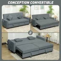 HOMCOM Divano Letto 3 Posti Clic Clac con Schienale Reclinabile e 2 Cuscini, 196x90x89 cm, Grigio(m-4)