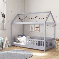 HOMCOM House-Shaped Kids Bed Frame with Guard Rails, Solid Pine Wood Single Bed Frame for Kids Boys and Girls, Grey(m-9)