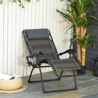 Outsunny Chaise longue pliable de jardin zéro gravité plateau porte gobelet accessoires tétière acier résine tressée gris(m-10)