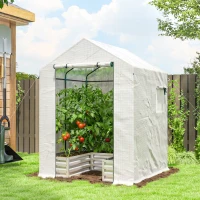 Outsunny Small Greenhouse with Raised Garden Bed, Galvanised Walk-in Greenhouse with Roll Up Windows, 141 x 141 x 190 cm, White(m-2)