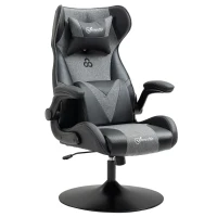 Vinsetto Chaise de gaming ergonomique avec base ronde hauteur réglable accoudoir relevable coussins tétière et lombaires PU gris noir(m-12)