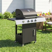Outsunny Barbacoa de Gas con 3 Quemadores 8,1 kW Termómetro Parrillas Mesas Laterales Armario y Ruedas 109x50x109 cm Negro(m-8)
