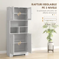 HOMCOM Bufet de bucătărie cu 2 dulapuri și 3 spații deschise, uși din sticlă și rafturi reglabile, 60x30x145,5 cm, alb(m-5)