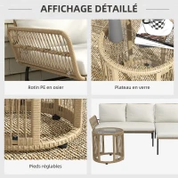Outsunny Salon de jardin extérieur d'angle 3 places en résine tressée avec canapés, chaise longue, table basse et coussins, crème(m-6)