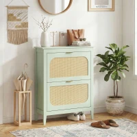 HOMCOM Narrow Shoe Cabinet, Boho Slim Shoe Storage Cabinet with 2 Flip Drawers, Holds 14 Pairs, Light Green(m-14)