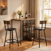 HOMCOM Space Saving Bar Table and PU Leather Stools for 2, 3 Piece Breakfast Bar Table Set with Storage Shelves, Rustic Brown(m-8)
