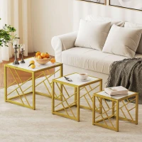 HOMCOM Nesting Coffee Tables, Set of 3 Square Side Tables with Gold Metal Frame, for Living Room, Bedroom and Office, White(m-2)