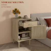 HOMCOM Bedside Table, Rattan Side Tables with Drawer, Cabinet and Adjustable Shelf, Boho Bedside Cabinet with Storage for Bedroom, Living Room, Natural Wood Effect(m-10)