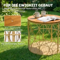 Outsunny Bijzettafel Ø50 cm weerbestendig Tuintafel met rotanlook Acaciahouten tafelblad verstelbare voetjes Teak(m-4)