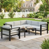 Outsunny 5-Piece Garden Corner Sofa Set with Cushions, 6 Seater Aluminium Garden Furniture Set with Coffee Table, Light Grey(m-7)