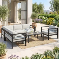 Outsunny 5-Piece Garden Corner Sofa Set with Cushions, 6 Seater Aluminium Garden Furniture Set with Coffee Table, Light Grey(m-9)