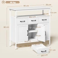 HOMCOM Buffet cuisine, meuble de rangement, 3 portes, 3 tiroirs, compartiment ouvert et étagères réglables, 95x35x88cm, blanc(m-3)