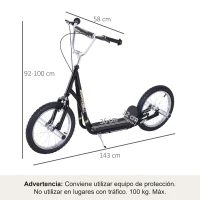 HOMCOM Patinete Scooter para Niños de +5 Años con Neumáticos Inflables Grandes de 16 Pulgadas con Frenos y Manillar Ajustable en Altura 143x58x92-100 cm Negro(m-3)