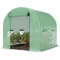 Outsunny Walk-In Garden Polytunnel Greenhouse with Steel Frame, PE Cover, Roll-Up Door and 4 Windows, 2.5 x 2m, Green(m-11)