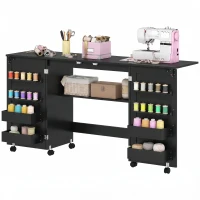 HOMCOM Table de couture pliante, meuble couture à roulettes, 2 portes magnétiques, 4 bacs, 20 crochets, 160x40x83cm, noir(m-13)