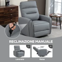 HOMCOM Poltrona Relax Reclinabile Manualmente con Poggiapiedi in Tessuto Effetto Pelle e Base Girevole, Grigio(m-3)