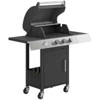 Outsunny Barbacoa de Gas con 3 Quemadores 8,1 kW Termómetro Parrillas Mesas Laterales Armario y Ruedas 109x50x109 cm Negro(m-1)