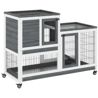 PawHut Conigliera in Legno con Ruote, Vassoi Estraibili e Casetta con Rampa, 110x50x88 cm, Grigio e Bianco(m-1)