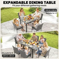 Outsunny 7 Piece Rattan Garden Furniture Set, 6 Seater Garden Table and 6 Stackable Chairs with Extendable Acacia Wood Tabletop(m-5)