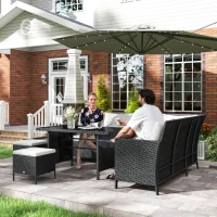Outsunny Salon de jardin 8 pers. grand confort canapé d'angle + 2 poufs + table à manger 12 coussins assise & dossier fournis polyester écru résine tressée noire(m-6)