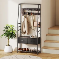 HOMCOM Coat Rack with Shoe Storage, Hall Tree, Industrial Coat Stand with Shoe Bench, 10 Removable Hooks, 2 Fabric Drawers and Clothes Rail for Entryway, Hallway, Grey(m-10)