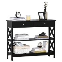 HOMCOM Console Table Side Desk w/ Shelves Drawers Open Top X Support Frame Living Room Hallway Home Office Furniture Black(m-10)