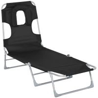 Outsunny Tumbona Reclinable y Plegable de Jardín con Orificio de Lectura Reposacabezas y Respaldo Ajustable en 5 Niveles para Playa 182x56x28 cm Negro(m-11)
