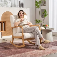 HOMCOM Fotoliu Balansoar 90°-130° cu Pernă Lombară, Acoperit cu Material Textil Sherpa, 64.5x82x89 cm, Alb și Lemn Natur(m-2)