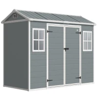 Outsunny 8 x 4 ft Plastic Garden Shed, Wood-Effect Outdoor Storage Shed with Floor, Windows, Lockable Doors and Vents, Light Grey(m-1)