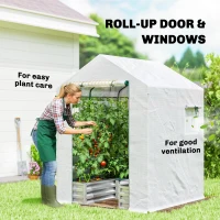 Outsunny Small Greenhouse with Raised Garden Bed, Galvanised Walk-in Greenhouse with Roll Up Windows, 141 x 141 x 190 cm, White(m-7)