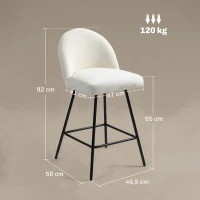 HOMCOM Set da 2 Sgabelli da Bar con Schienale in Velluto e Poggiapiedi in Acciaio, Bianco Crema(m-3)