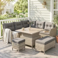Outsunny 7 Seater Rattan Garden Furniture Set, 6 Piece Patio Dining Set with Liftable Coffee Table and Soft Padded Cushion, Wicker Sectional Conversation Corner Sofa, 123 x 55 x 84 cm, Light Grey(m-11)