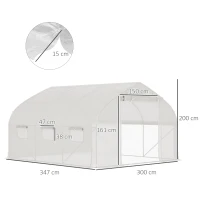 Outsunny Serre de jardin tunnel 10,4 m² serre de jardin anti-UV porte zippée enroulable fenêtres maille 350 x 300 x 200 cm blanc(m-3)