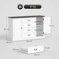 HOMCOM Credenza da Cucina Stile Vintage con 4 Cassetti e 2 Armadietti con Mensole Regolabili, 147x40x87, Legno Bianco(m-3)