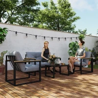 Outsunny Salon de jardin extérieur 4 personnes avec canapé, 2 fauteuils et table basse en verre trempé, coussins inclus, gris(m-2)