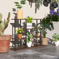 Outsunny Bloemenstandaard met 4 Lagen, 4-laags Plantenstandaard, Bloempothouder voor Binnen en Buiten, Hout, Staal(m-2)