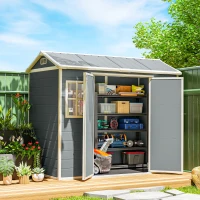 Outsunny 8 x 4 ft Plastic Garden Shed, Wood-Effect Outdoor Storage Shed with Floor, Windows, Lockable Doors and Vents, Light Grey(m-2)