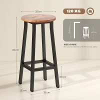 HOMCOM Bar Stools Set of 2 Breakfast Bar Stools with Footrest, Industrial Round, 32 x 32 x 65 cm, Rustic Brown(m-3)